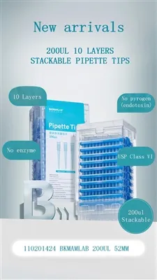 10 warstw końcówek do pipet o pojemności 200 ul, które można układać w stosy